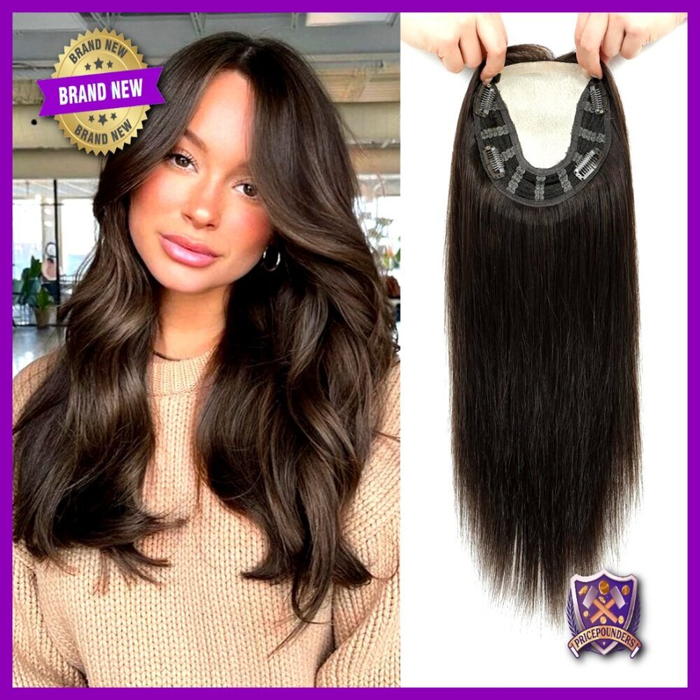Real Human Hair Topper 16 Inch Lightweight Skin Scalp Hairpiece with Clips